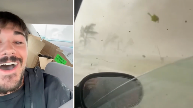 Side-by-side images of Aden Basgall and footage he took while inside tornado in Grinnell, Kansas.